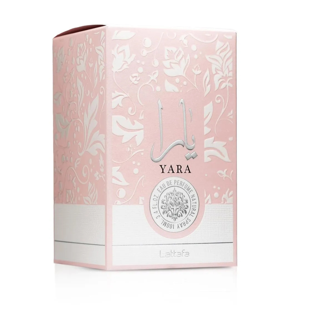 Pink decorative box of Yara Eau de Perfume Natural Spray by Lattafa with floral patterns