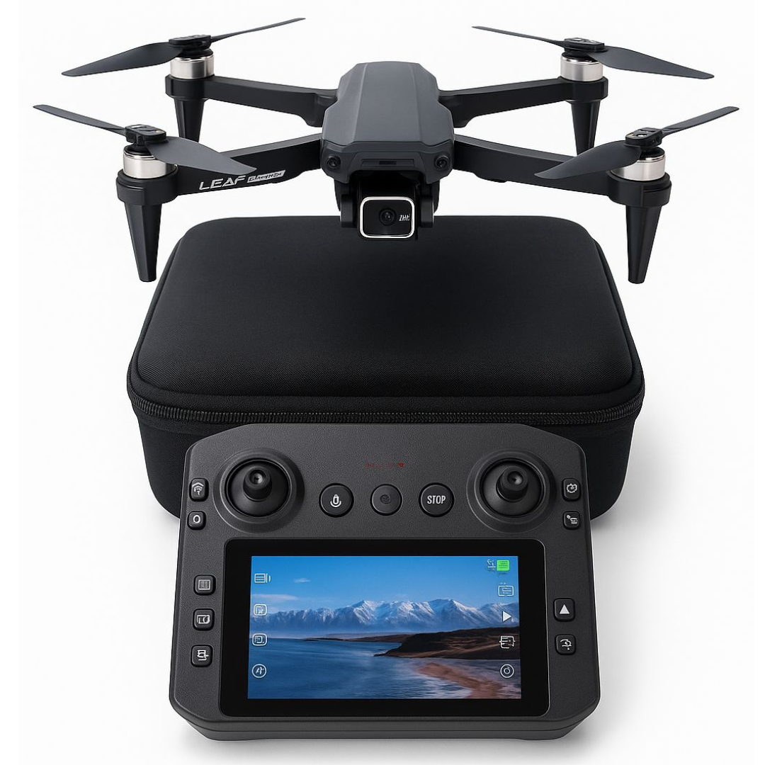 Black Leaf FPV drone with camera and remote controller showing coastal view on screen
