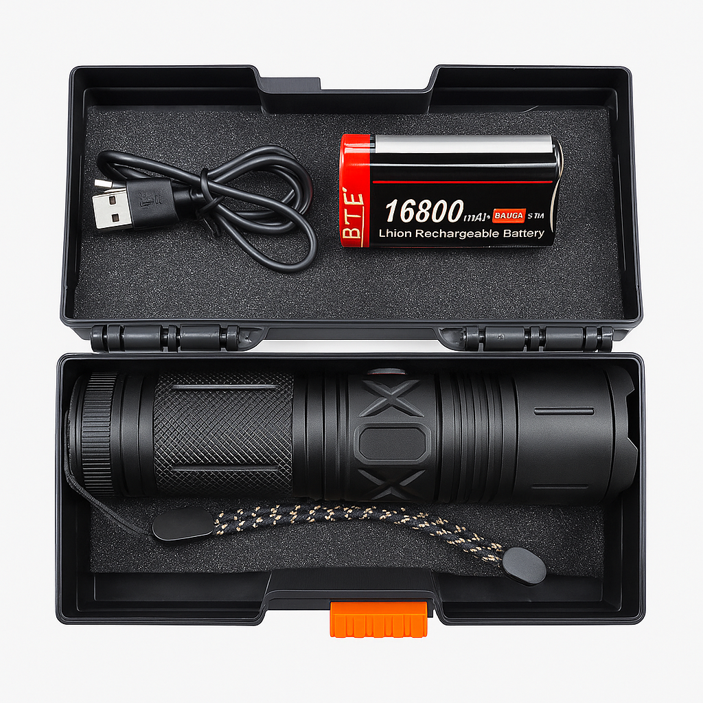Black tactical flashlight kit with 16800mAh rechargeable lithium battery and USB charging cable in carrying case