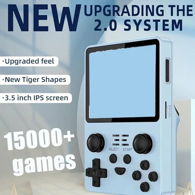 Light blue retro classic handheld game console with 3.5 inch IPS screen, dual joysticks, and 15000+ games